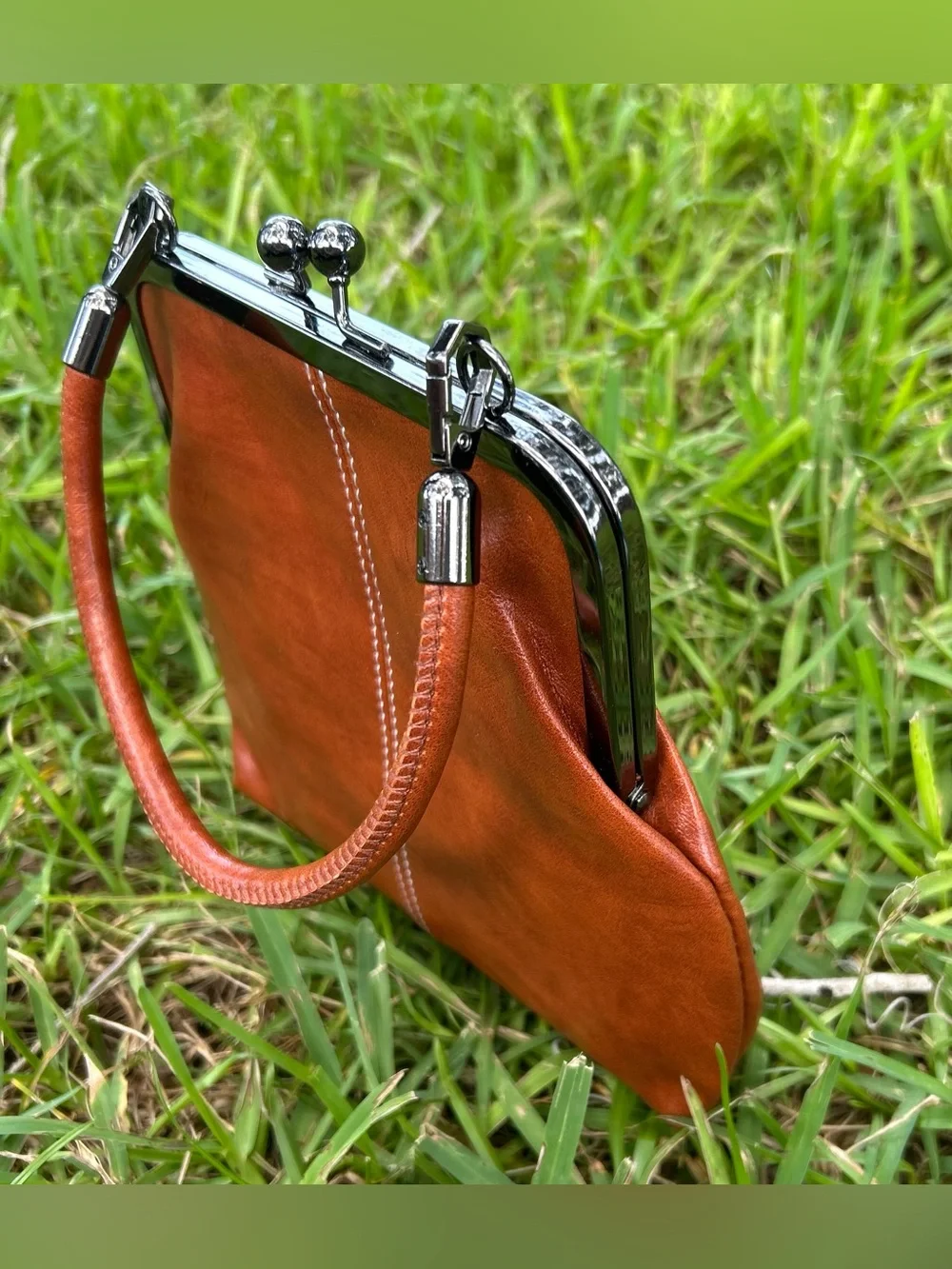 Classic Brown Leather Kiss-Lock Handbag - Women's Bag